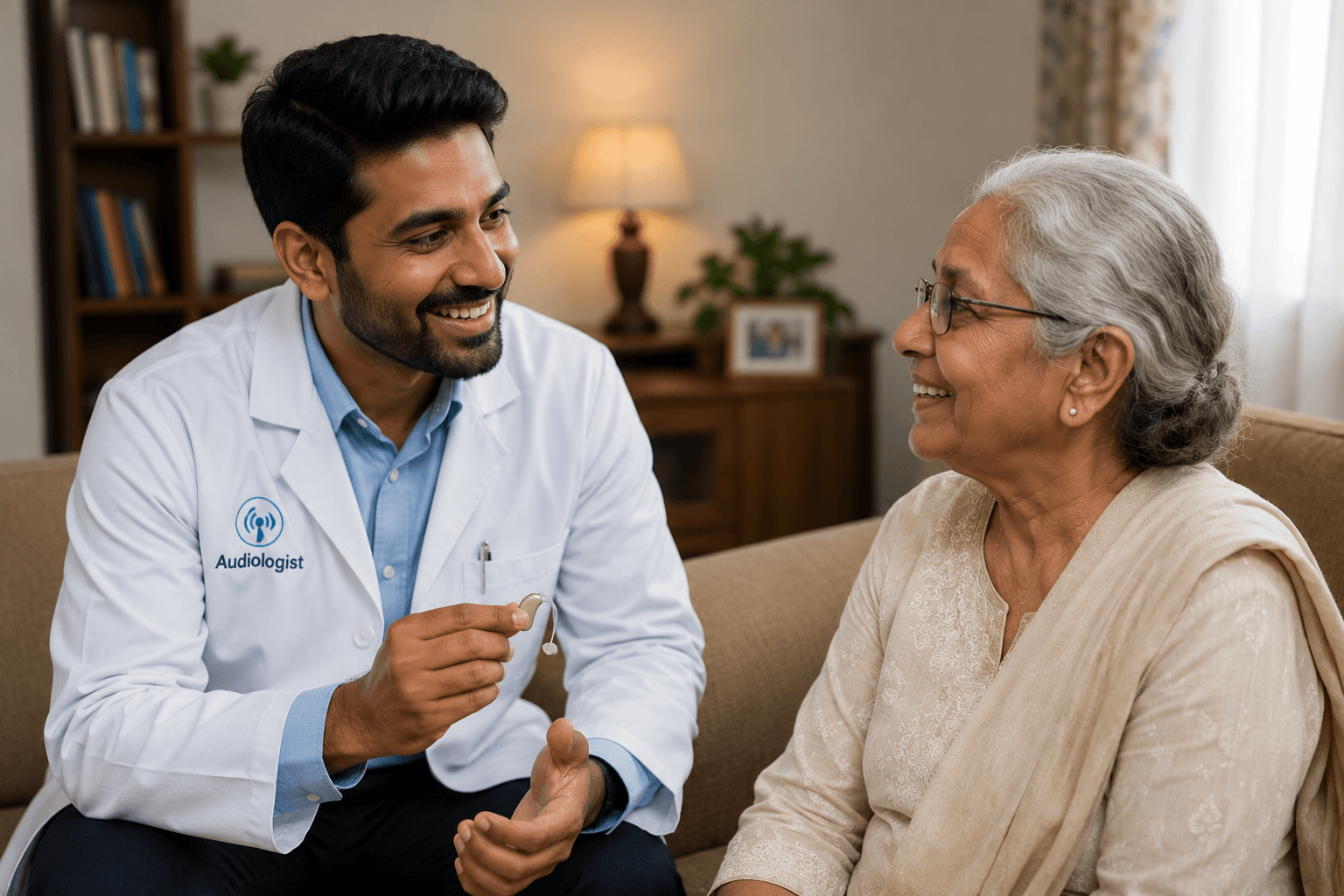 Indian audiologist visiting elderly patient at home in Kerala