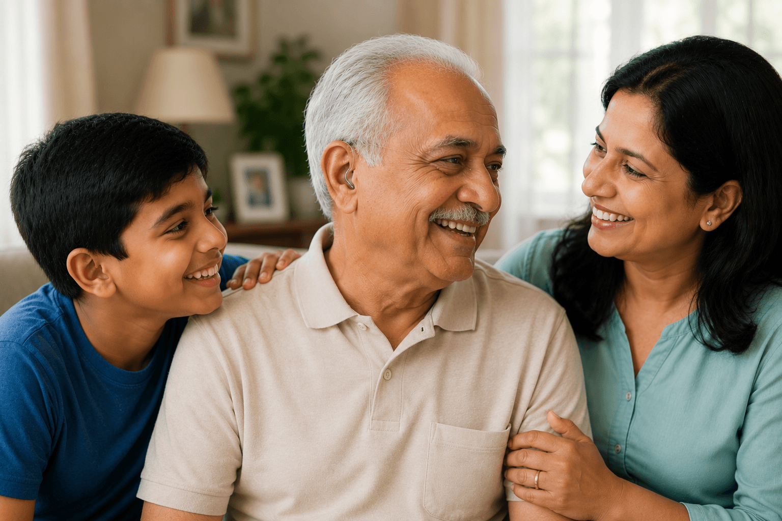 Happy Indian grandfather with family after getting hearing aid
