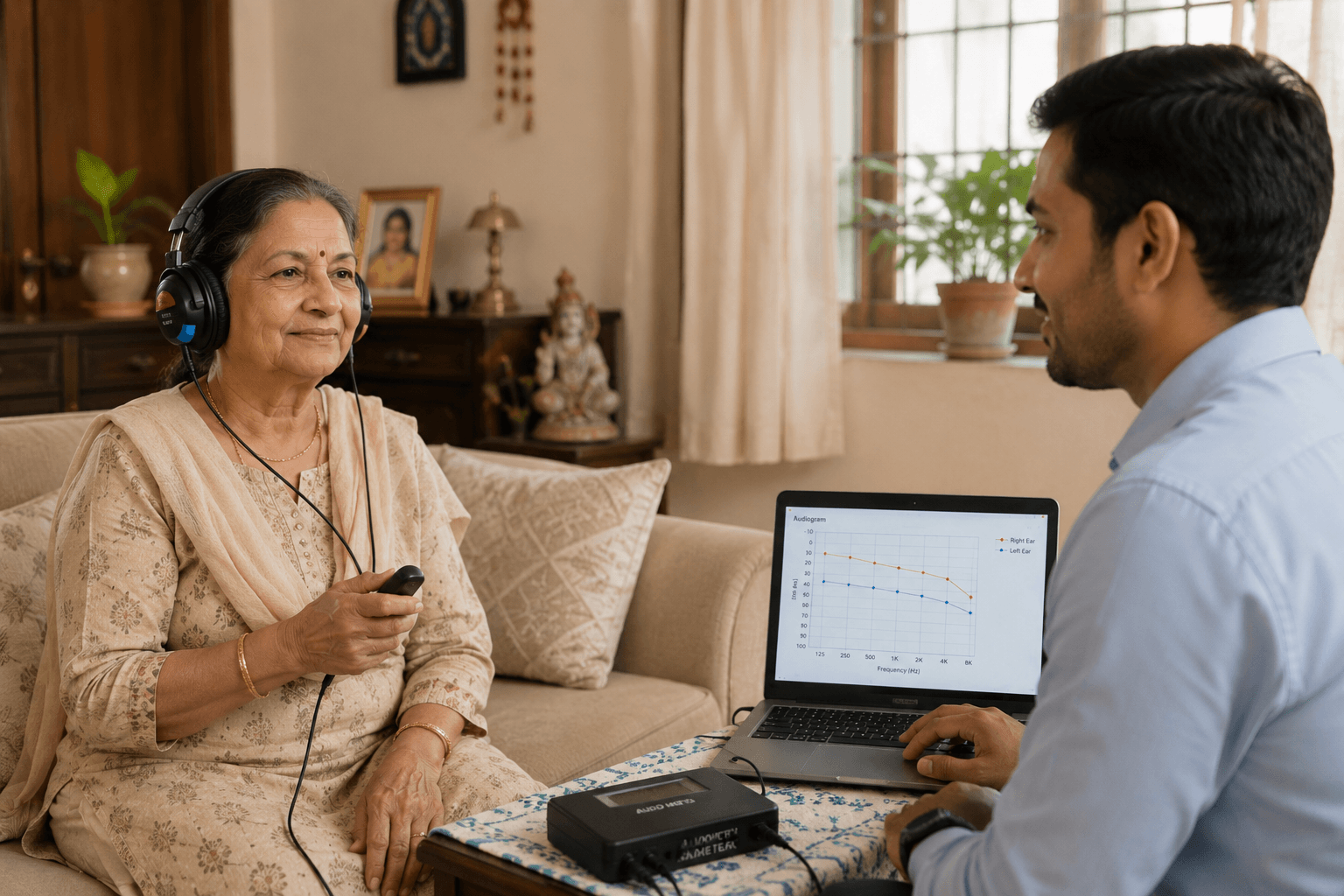 Indian audiologist conducting hearing test at home with senior woman in Kerala