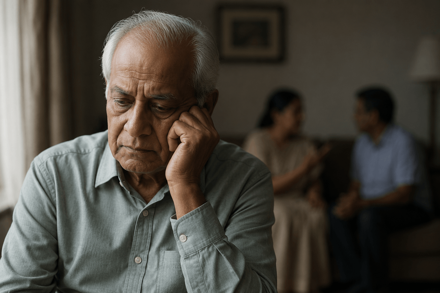Elderly Indian man feeling isolated due to hearing loss