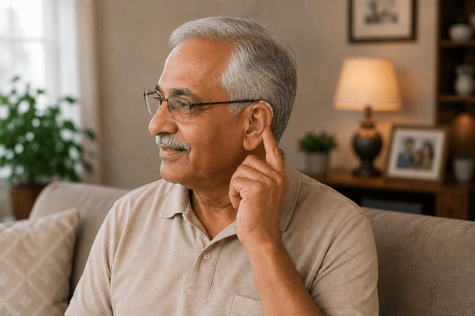 Indian senior adjusting hearing aid confidently at home